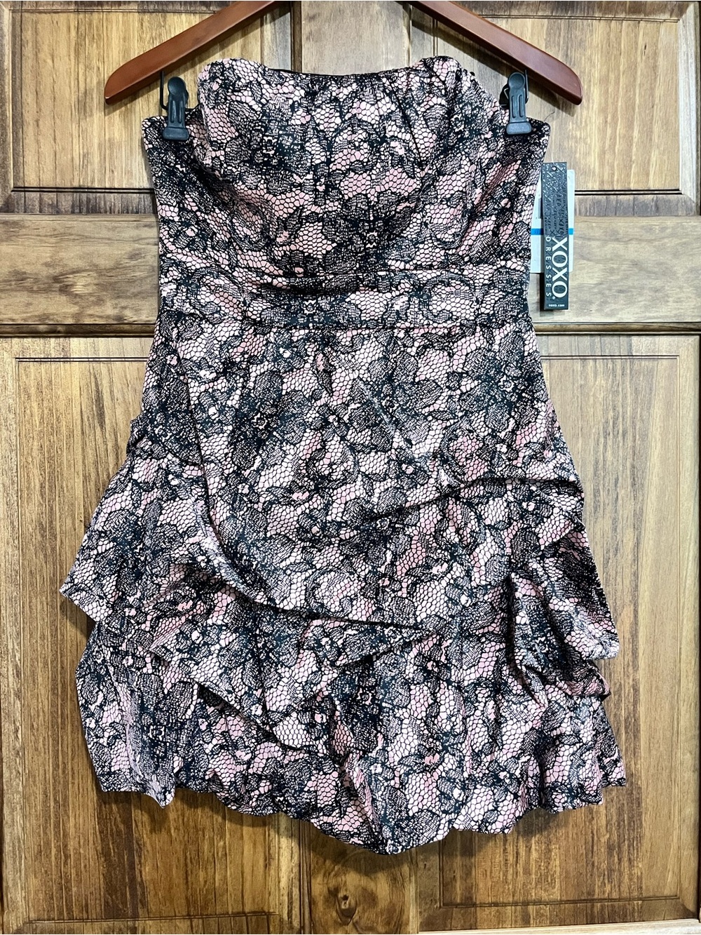 NWT Rare Y2K XOXO Black Lace Over Pink Strapless Ruffled Bubble Party Dress Sz9